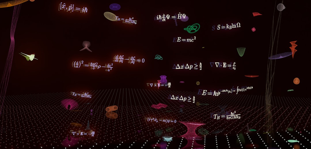 Floating physics equations and abstract elements in a dark grid.