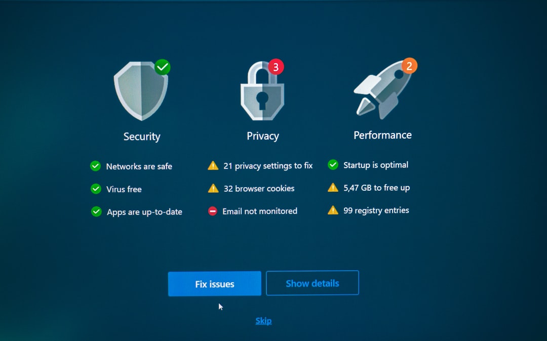 Security, privacy, and performance status with fix options